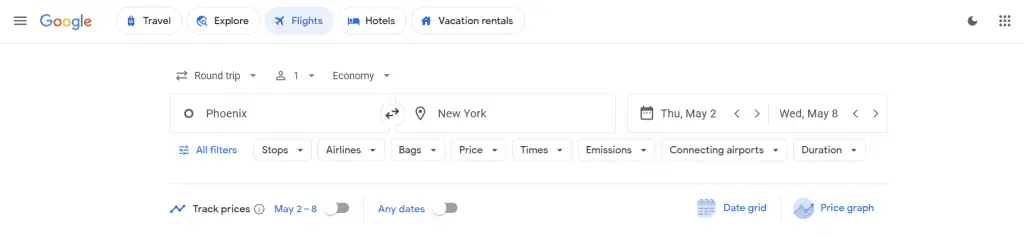 google flights filters